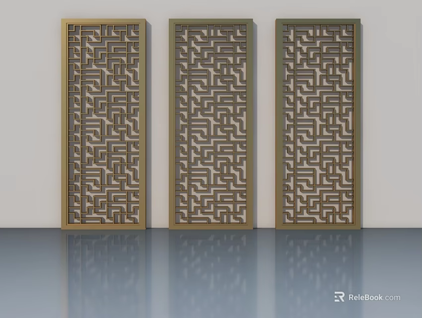 Three Decorative Hinged Doors With Intricate Geometric Patterns And Golden Frames 3d model