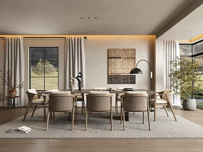 Modern Restaurant Interior With Wooden Dining Table Comfortable Chairs Large Windows And Decorative Painting 3d model