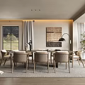 Modern Restaurant Interior With Wooden Dining Table Comfortable Chairs Large Windows And Decorative Painting