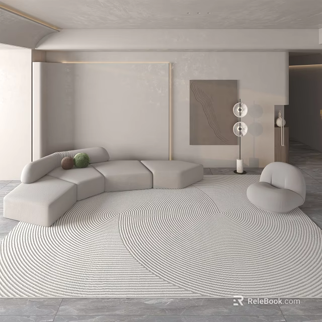 Modern Minimalist Living Room Interior With Curved Sofa Circular Patterned Rug And Floor Lamp 3d model 