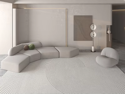 Modern Minimalist Living Room Interior With Curved Sofa Circular Patterned Rug And Floor Lamp 3d model