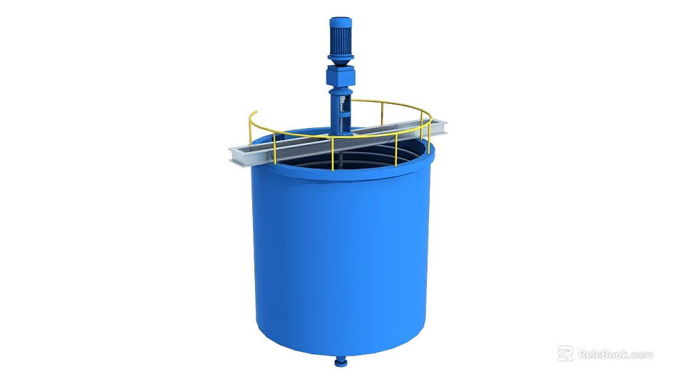 Blue Industrial Mixing Tank With Top Motor And Yellow Guardrail Structure 3d model 