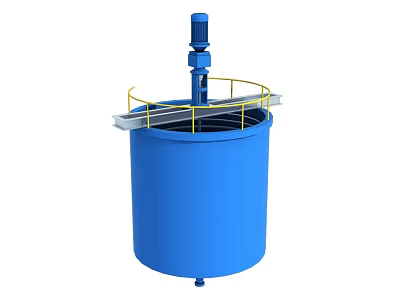 Blue Industrial Mixing Tank With Top Motor And Yellow Guardrail Structure 3d model