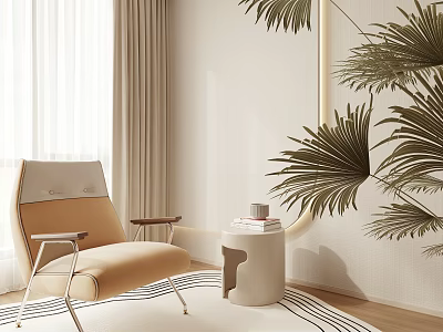 Minimalist Beige Leisure Chair With Upholstered Design Wooden Armrests And Palm Plant By Side Table 3d model