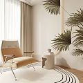 Minimalist Beige Leisure Chair With Upholstered Design Wooden Armrests And Palm Plant By Side Table