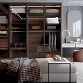 Modern Luxury Walk in Closet With Wooden Cabinets Hanging Racks Bench And Vanity Mirror