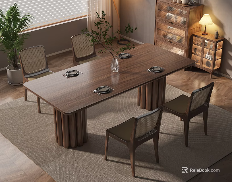 Modern Natural Style Dining Table Set With Chairs Vase Plants And Cabinet 3d model 