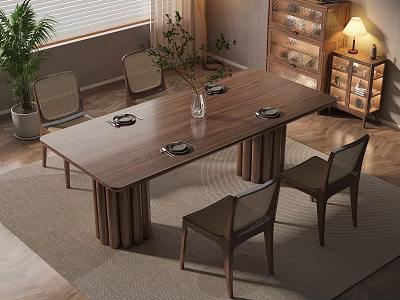Modern Natural Style Dining Table Set With Chairs Vase Plants And Cabinet 3d model