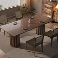 Modern Natural Style Dining Table Set With Chairs Vase Plants And Cabinet