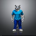 Anthropomorphic Snow Leopard Wearing Blue T-Shirt And Blue Pants Standing On Gray Background With Reflection