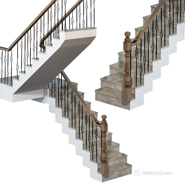 Modern Double Flight Stairs With Wrought Iron Railings And Stone Steps 3d model 