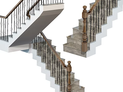Modern Double Flight Stairs With Wrought Iron Railings And Stone Steps 3d model
