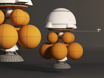 Modern Design Structure With Orange Spheres White Dome And Metal Base 3d model