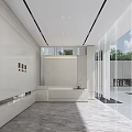 Modern Sales Office Interior Design With White Wall Grid Decoration Reception Desk And Marble Floor