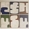 Six Abstract Paintings with Grid Arrangement Blue Green Brown Beige Tones Irregular Shapes Modern Decor