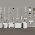 Essential Bathroom Accessories With Cleaning Tools Storage Racks Towel Holders Trash Bins And Sinks