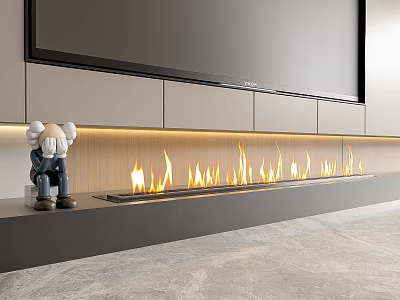 Modern Fireplace With Burning Flames And Decorative Figurine In Living Room 3d model