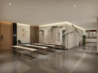Modern Indoor Waiting Area With Wooden Panels Benches And Decorative Wall Art 3d model