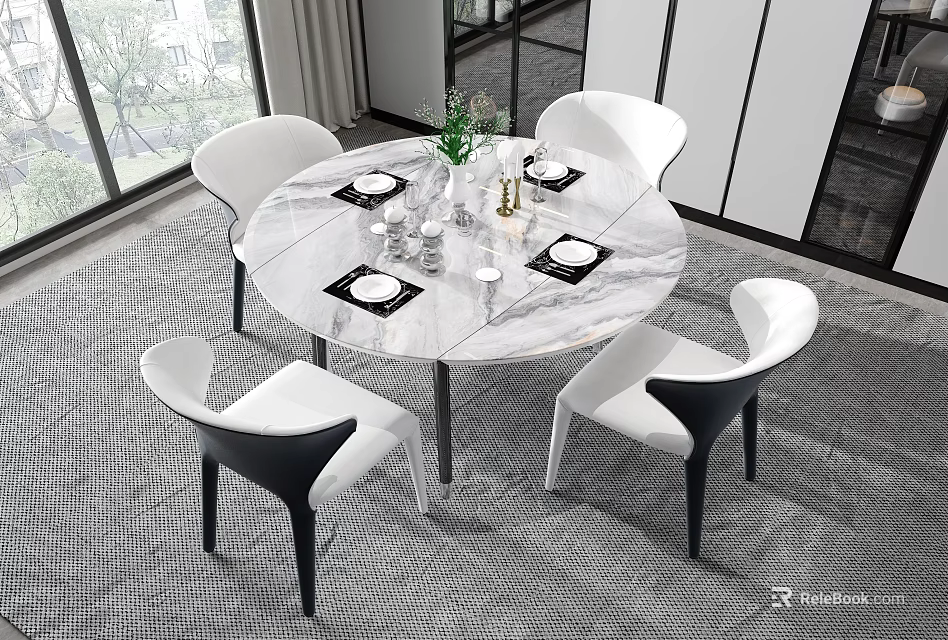 Round Marble Dining Table With Four White And Black Chairs Tableware Vase Decorations Modern Interior 3d model