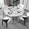 Round Marble Dining Table With Four White And Black Chairs Tableware Vase Decorations Modern Interior 3d model
