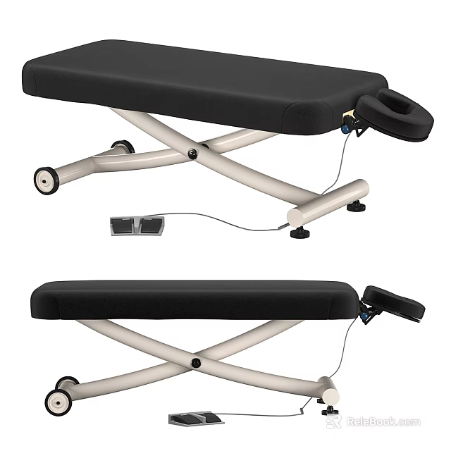 Professional Massage Table With Black Padded Surface Metal Frame Wheels And Adjustable Headrest 3d model 