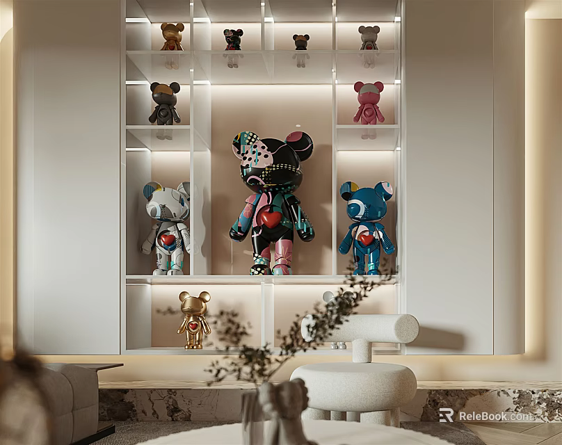 Decorative Bear Figurine Ornament Set With Colorful Designs On Modern Display Shelf 3d model 