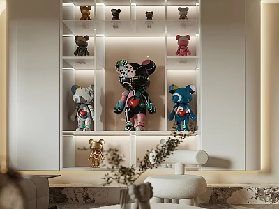 Decorative Bear Figurine Ornament Set With Colorful Designs On Modern Display Shelf 3d model