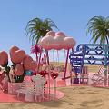 Vibrant Exhibition Booth Decorations With Pink Cloud Swing Heart Decorations Beach Chairs And Palm Trees