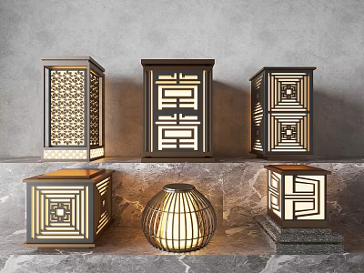 Chinese Style Outdoor Lights with Hollow-out Patterns and Various Shapes for Garden Decor 3d model