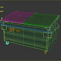 Green Industrial Dumpster With Black Ribbed Lid Yellow Warning Labels And Wheels
