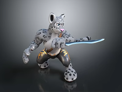 Anthropomorphic Snow Leopard Character Holding Sword in Battle Stance with Spotted Fur and Decorative Patterns 3d model