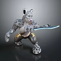 Anthropomorphic Snow Leopard Character Holding Sword in Battle Stance with Spotted Fur and Decorative Patterns