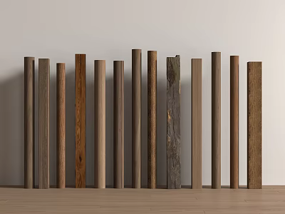 Various Colored Wooden Columns Arranged Against Light Wall On Wooden Floor 3d model