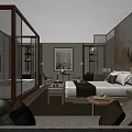 Elegant Modern Hotel Room Interior With Bed Sofa Painting Glass Partition Bathtub And Lighting