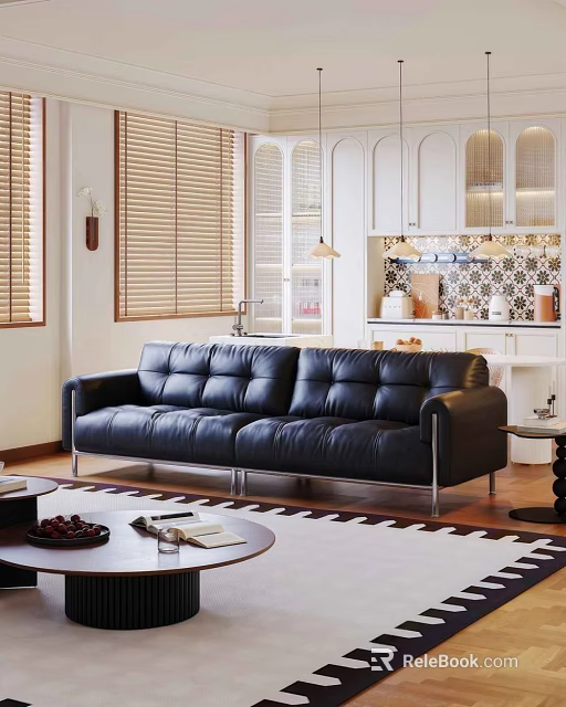 Comfortable Black Genuine Leather Leisure Sofa Set For Warm Bright Modern Home Living Room 3d model 
