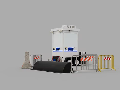 White Mobile Utility Unit With Metal Barriers And Roadblocks For Safety Setup 3d model