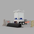 White Mobile Utility Unit With Metal Barriers And Roadblocks For Safety Setup