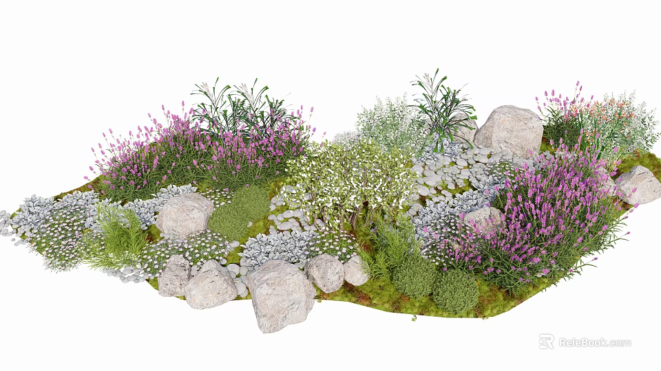 Lush Garden Shrubs with Purple Flowers White Blooms Rocks and Green Moss 3d model 