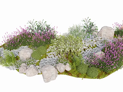 Lush Garden Shrubs with Purple Flowers White Blooms Rocks and Green Moss 3d model