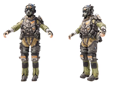 Tactical Armored Game Movie Character With Green Black Uniform Helmet And Knee Pads 3d model