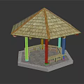 Traditional Wooden Hexagonal Pavilion with Sloped Roof Pillars and Benches on Gray Concrete Base