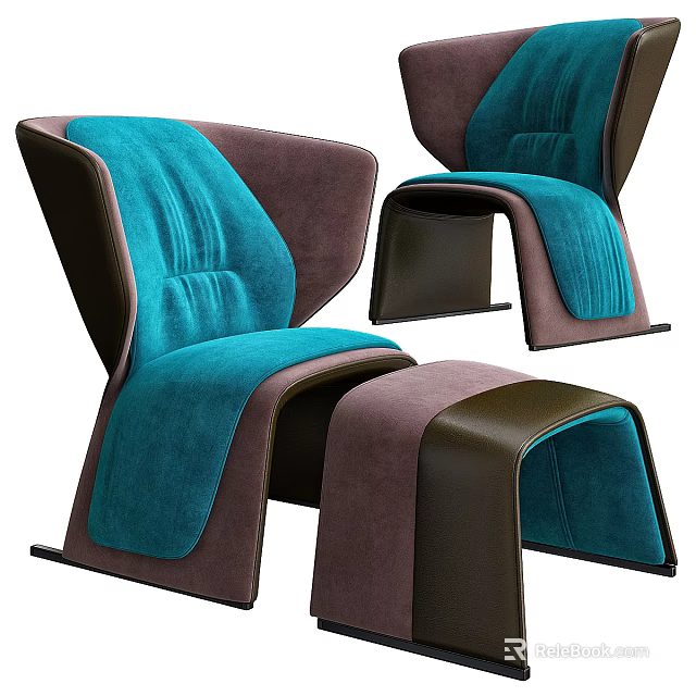Modern Teal Brown Accent Chair with Velvet Leather Curved Design 3d model 