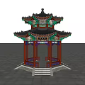 Traditional Chinese Pavilion With Multi Tiered Green Roof Red Pillars Carvings Stone Base And Stairs