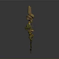 Artistic Ornate Weapon Featuring Curved Design And Colorful Intricate Carving Details