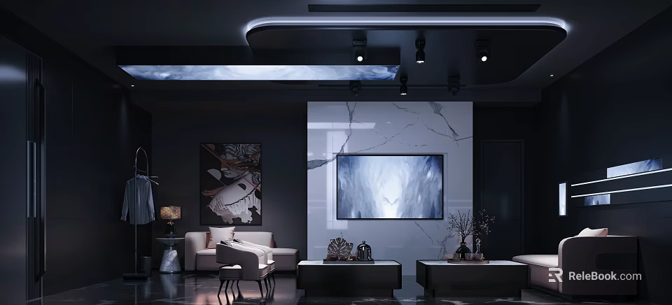 Modern KTV Interior Design Featuring Large Screen TV Sofa Decorative Painting And Ambient Lighting 3d model 