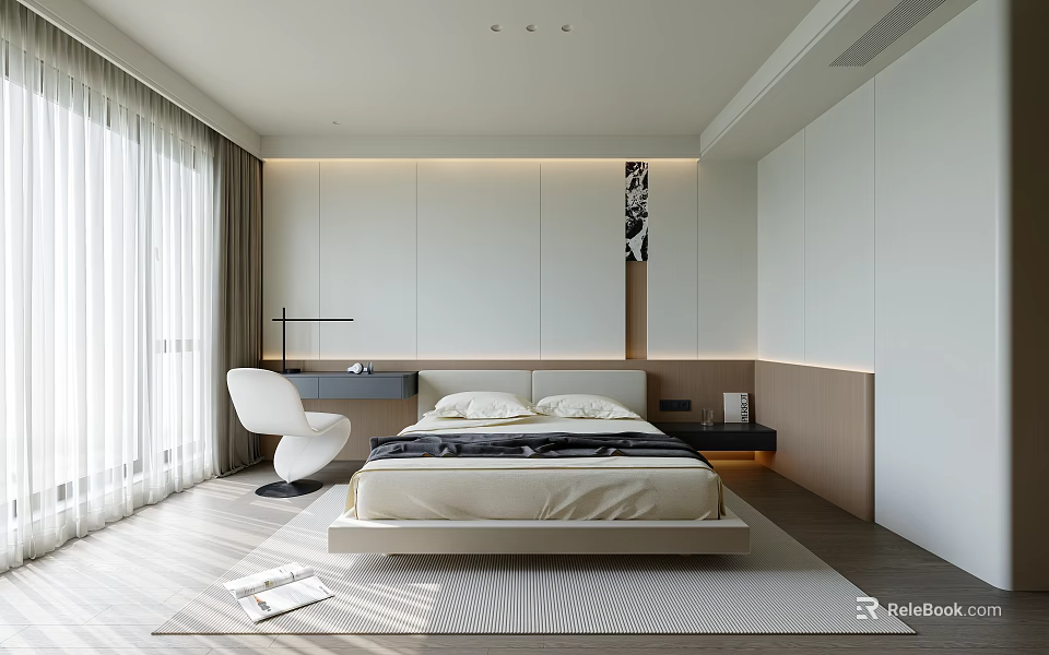 Modern Minimalist Bedroom Interior With Platform Bed White Chair Desk Wooden Floor And Paneled Walls 3d model 