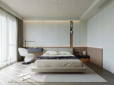 Modern Minimalist Bedroom Interior With Platform Bed White Chair Desk Wooden Floor And Paneled Walls 3d model