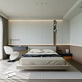Modern Minimalist Bedroom Interior With Platform Bed White Chair Desk Wooden Floor And Paneled Walls