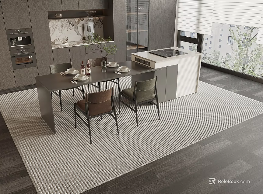 Modern Open Kitchen Dining Table Set With Chairs And Countertop Island 3d model