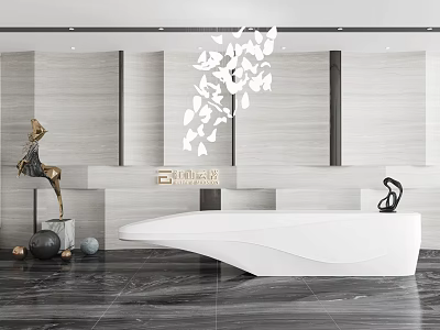 Elegant Modern Reception Desk With White Countertop Marble Wall And Sculpture Decor 3d model